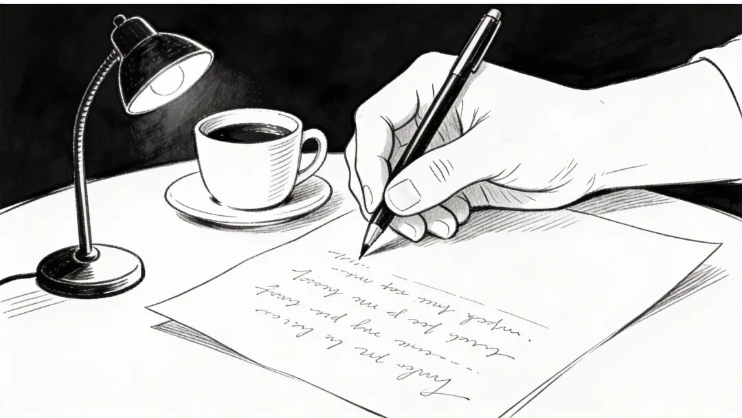 一张现代简约黑白线条手绘插画，特写一只正在信纸上写字的手，旁边放着一杯咖啡和一盏小台灯，构图安静，留白充足，作为文章顶部横幅Banner。