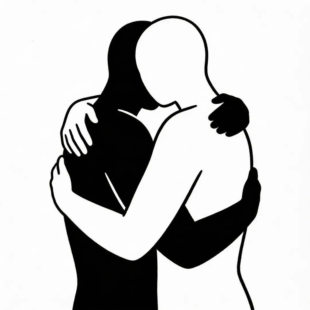 一张现代简约黑白线条手绘插画，描绘两个抽象的人影轻轻拥抱的轮廓，表达支持与安全的感受，风格极简。